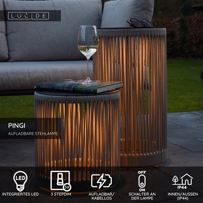 Lucide PINGI - wiederaufladbare Stehlampe Innen/Außen - Akku/Batterie - Ø 33,5 cm - LED 3 StepDim - 1x3W 3000K - IP44 - Taupe